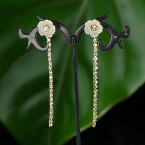 White Floral Rhinestone Linear Drop Earrings Rhinestone Tassel Evening Showgirl